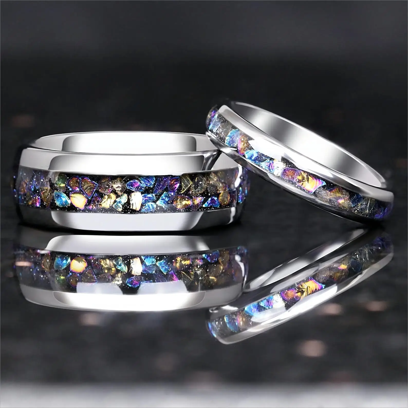 4/8Mm Nebula Galaxy Silver Coppia Set Fede Nuziale In Tungsteno