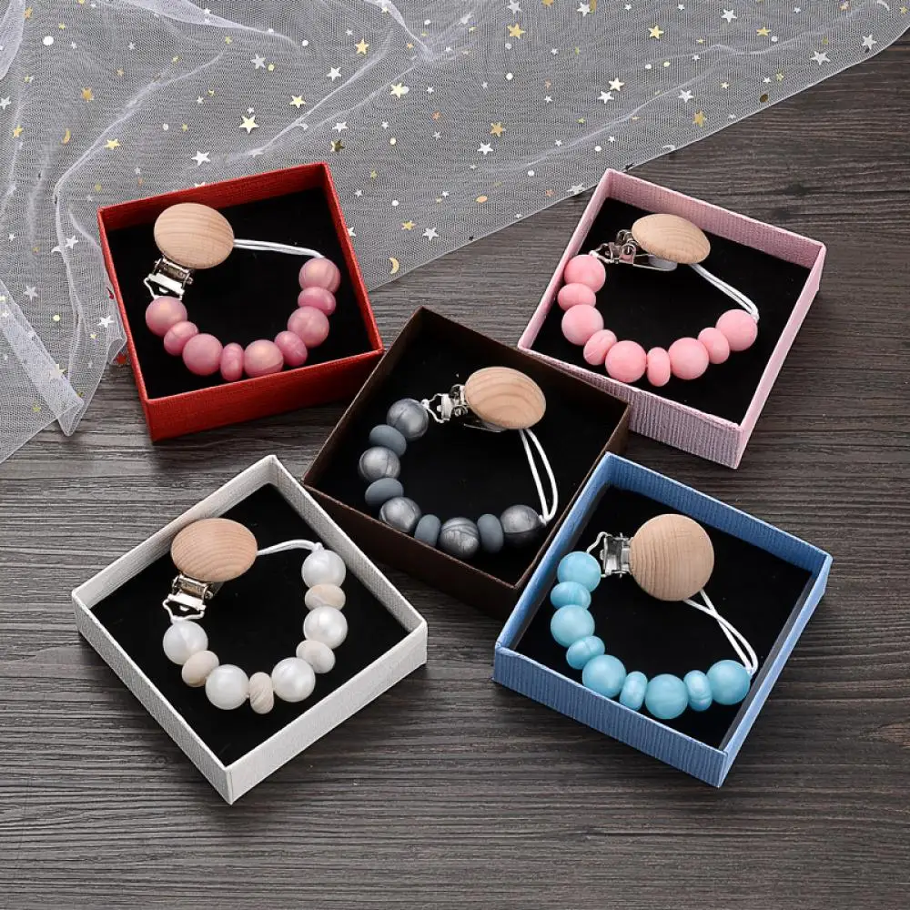 

Baby Soother Pacifier Chain Silicone Beads Wooden Dummy Holder Clips For Nursing Chew Toy Baby Nipple Chain Shower Gift Boxed