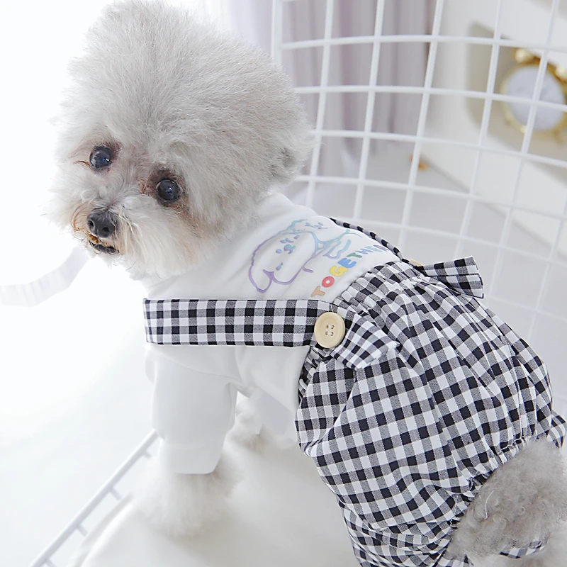 Doggie Print Girl Dog Clothes Designer Dress With Plaid Skirt And