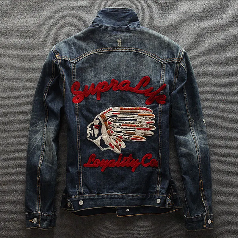 Streetwear Fashion Men Jacket Retro Blue Indian Chief Embroidery Patch Designer Denim Jacket Men Coats Vintage Chaquetas Hombre fashion designer men jeans retro stretch slim fit painted ripped jeans men korean style vintage casual denim pants streetwear