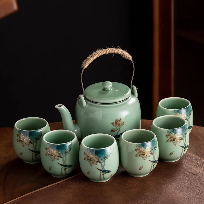 

800ML Celadon Large Capacity Lifting Beam Tea Pot Chinese Kung Fu Tea Set One Pot Six Cups