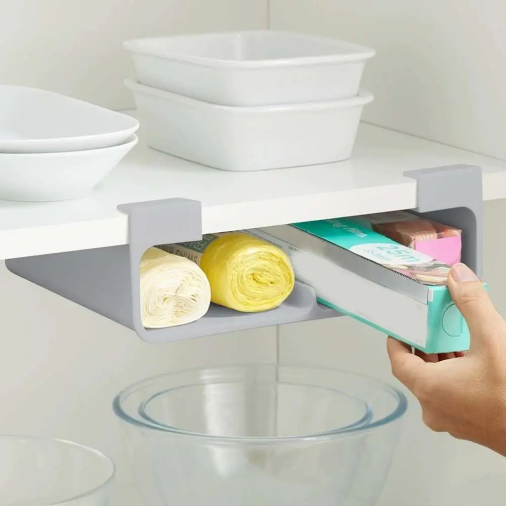 Plastic Cling Film Organizer Grey Wall Mounted Tinfoil Organizer No-Punch Space Saving Hanging Cabinet Storage Shelf for Home 3