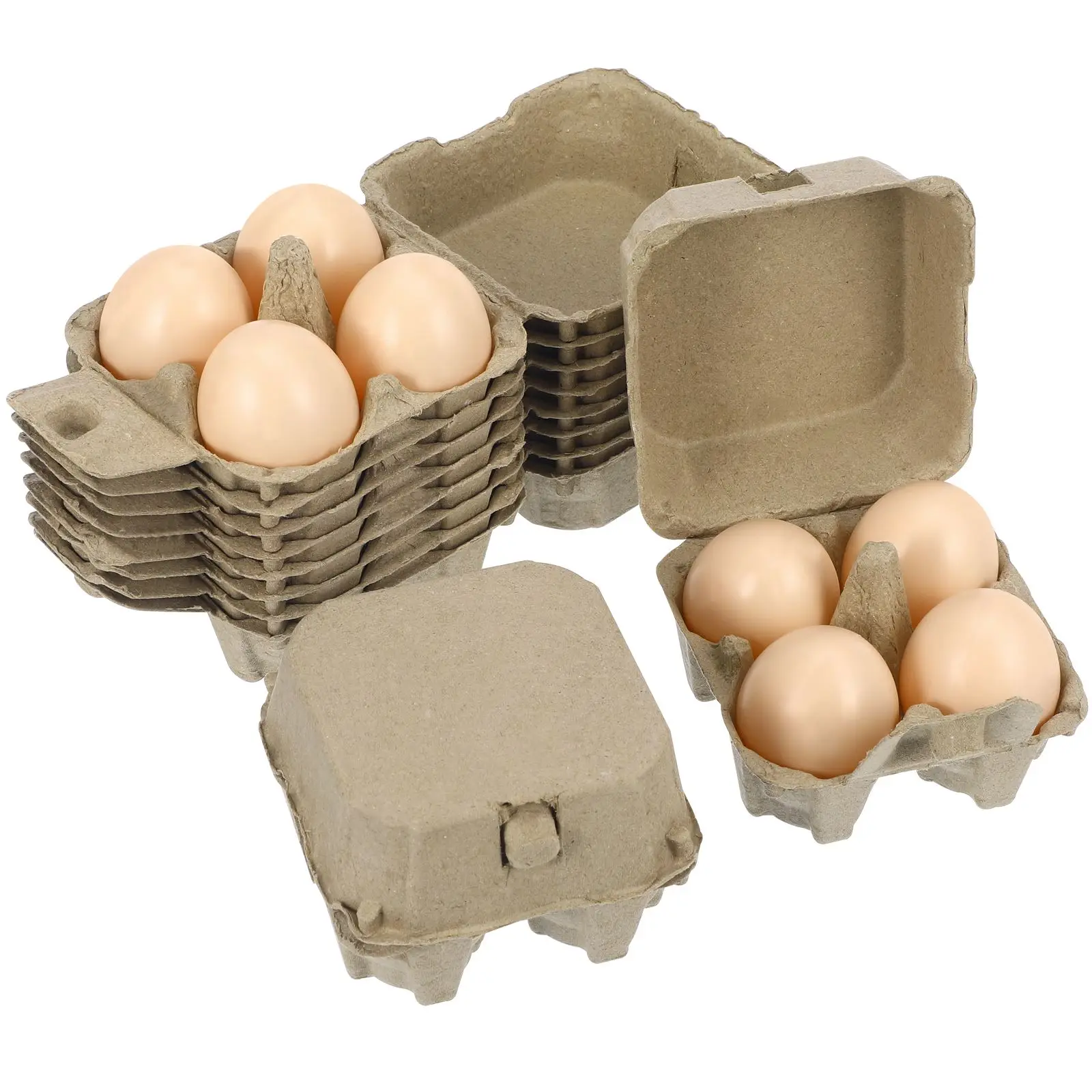 10pcs Kraft Pulp Egg Cartons 4-Compartment Chicken Eggs Tray Family Egg Containers Home Native Egg Packaging Box Fridge Holder