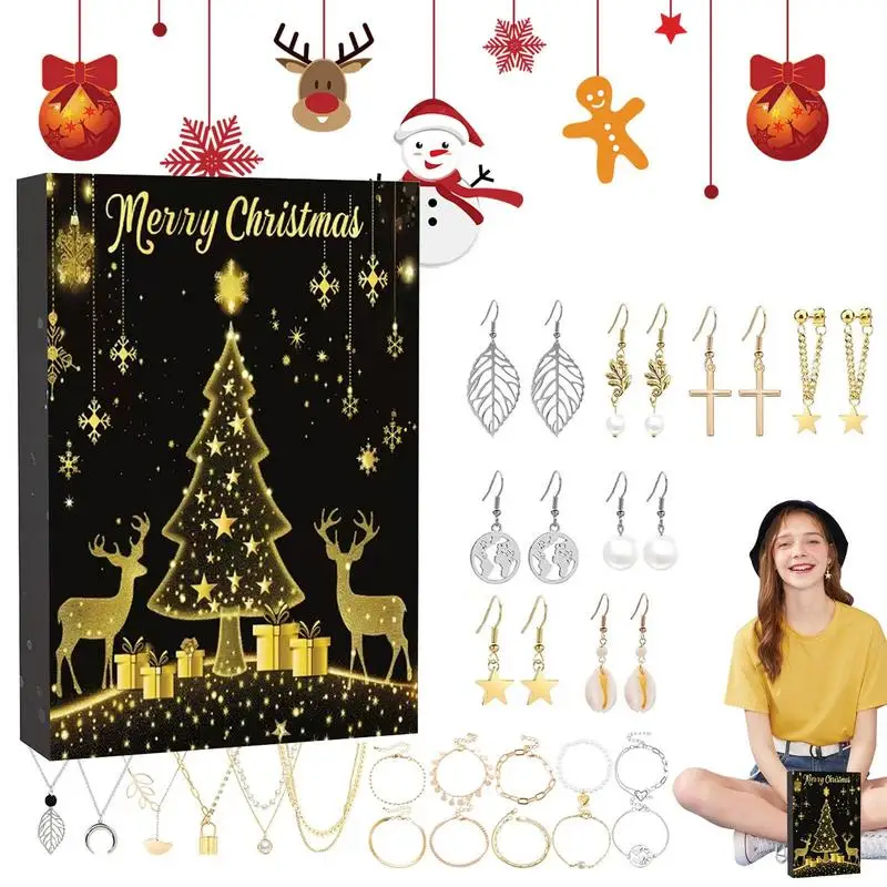 Christmas Advent Necklace Gift Box 24 Days Christmas Countdown Jewelry Earrings Surprise Gift Box Girls Princess Bracelet