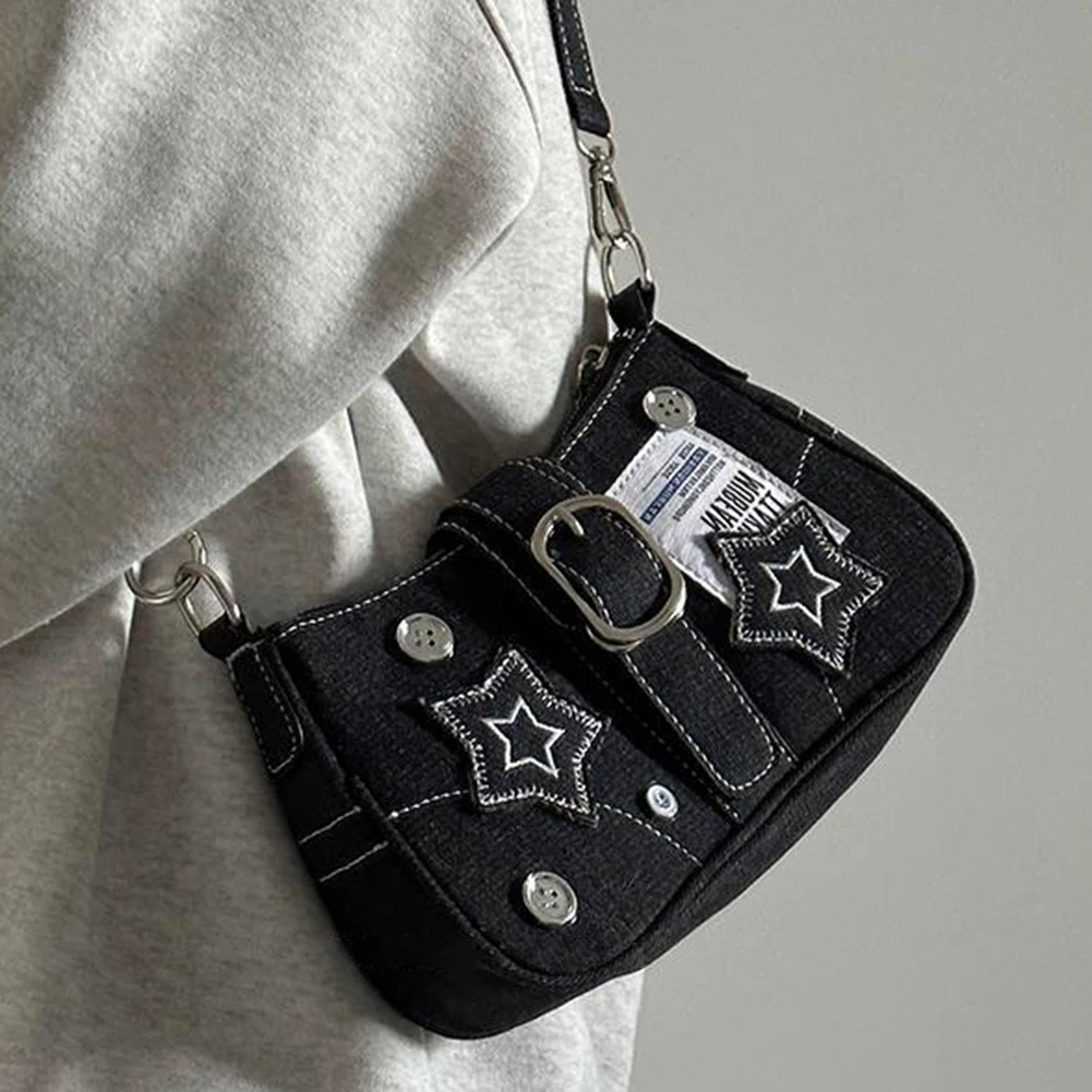 Women Fashion Shoulder Bag Large Capacity Y2K Star Denim Underarm Bag Retro Button Handbag Solid Color Chic Hobo Chain Bag