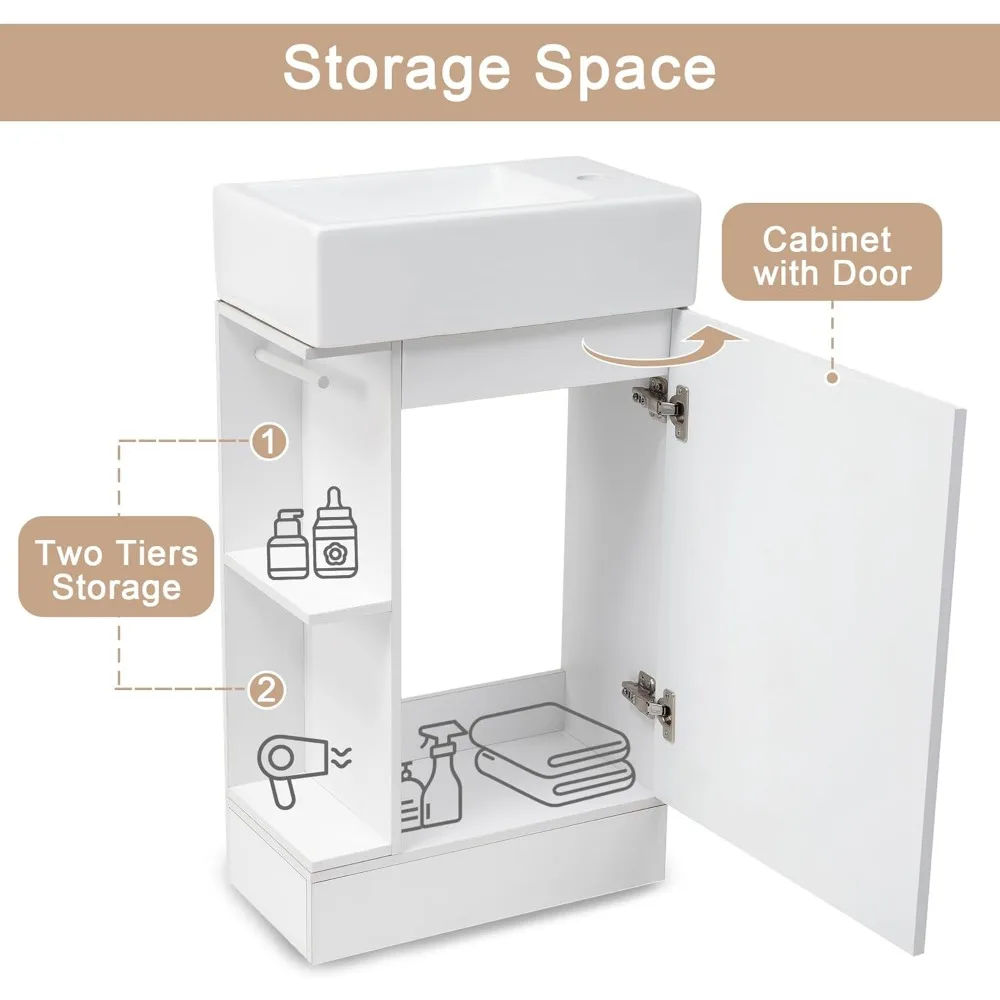 18.6" Small Single Bathroom Vanity with Sink, Freestanding Bathroom Vanity ,Wood Bathroom Cabinet with Ceramic Sink, White 4