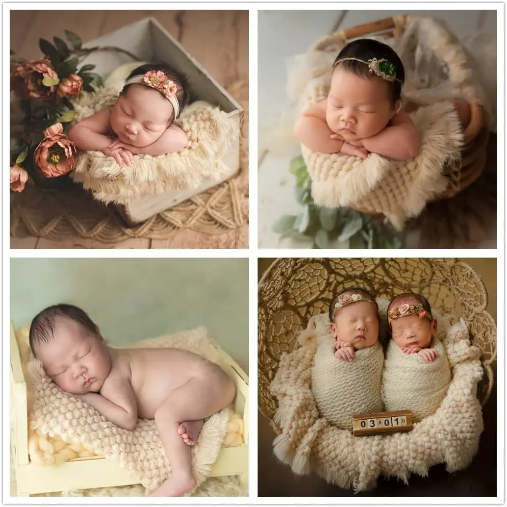 Baby Photography Props: Beige Braid Wool Basket Filler and Blanket