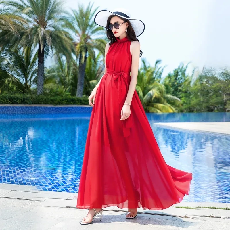 Super Long Dress 2023 New Bohemian Solid Chiffon Large Size