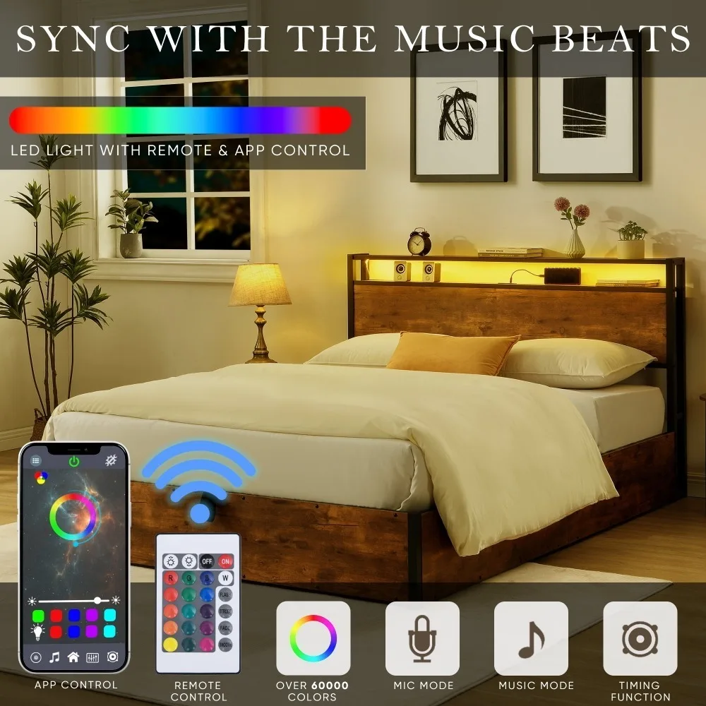 Full Size Lift Up Storage Bed Frame,Full Bed Frame with Bookcase Headboard & LED Lights, Wooden Platform with Charging Station 3