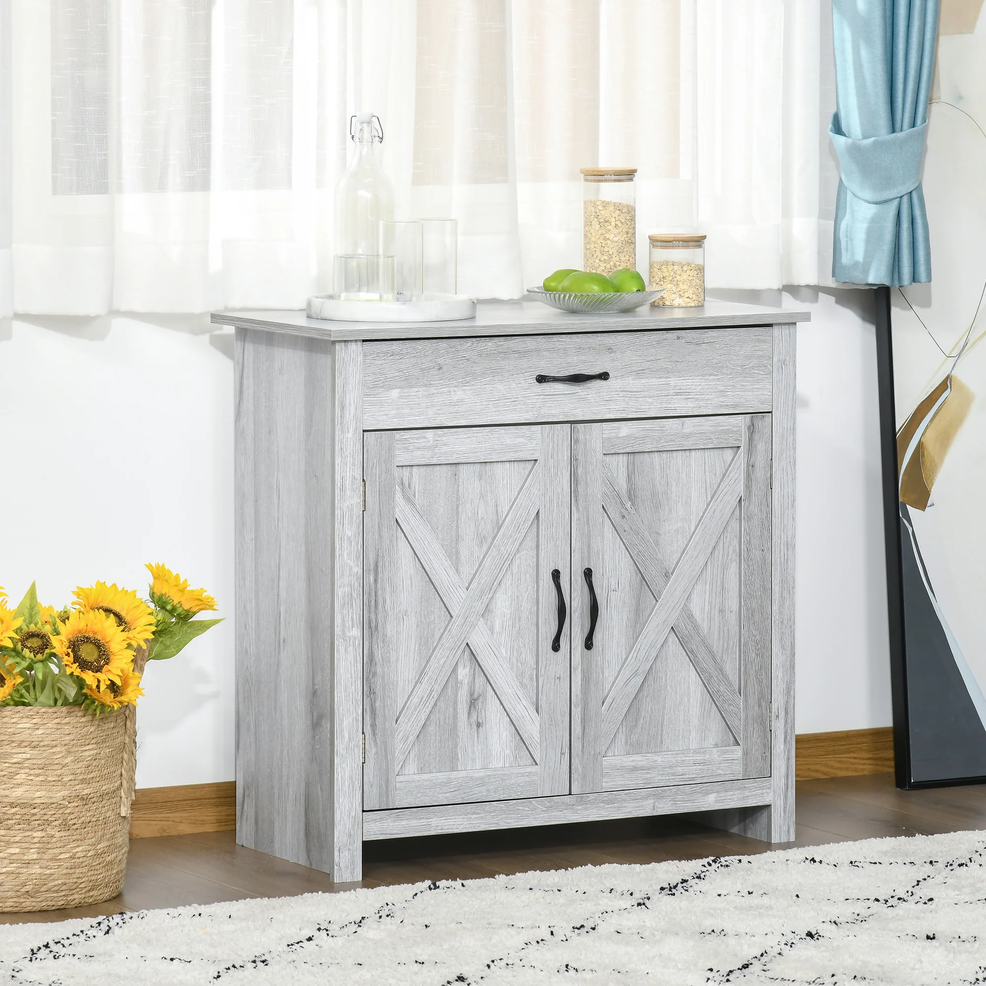 HOMCOM Farmhouse Barn Door Sideboard Accent Buffet Cabinet Coffee Bar Grey Grain