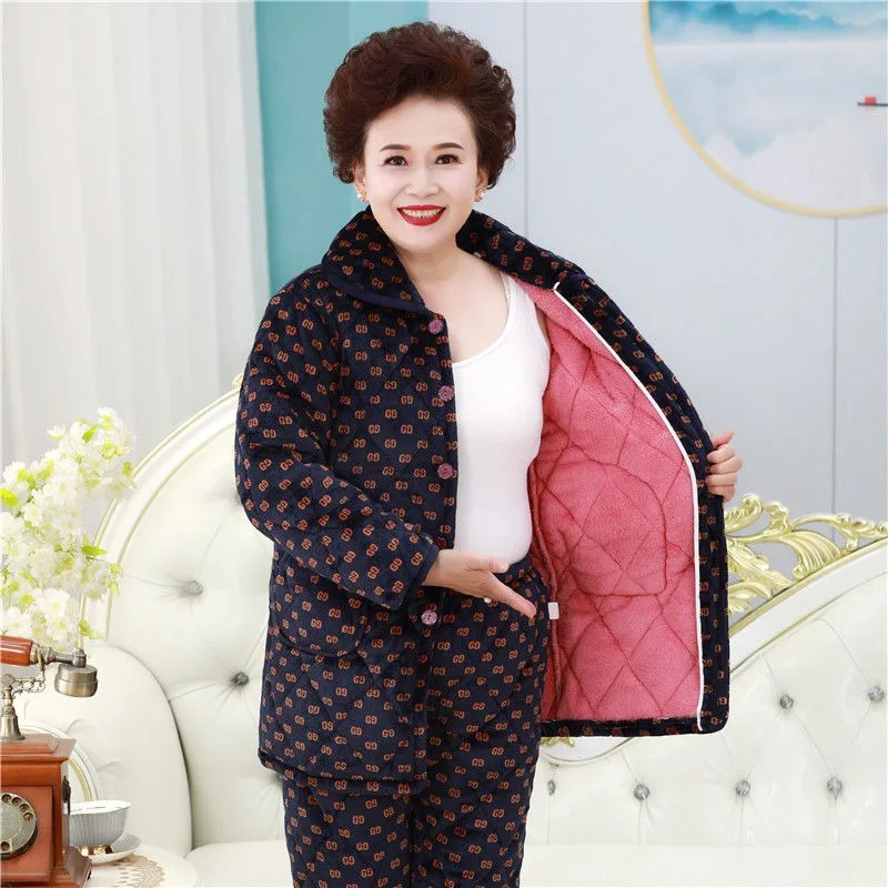Middle Aged Elderly Winter Cotton Padded Pajamas Three Layers Thickened Coral Velvet Homewear Women's Oversized Loungewear Set