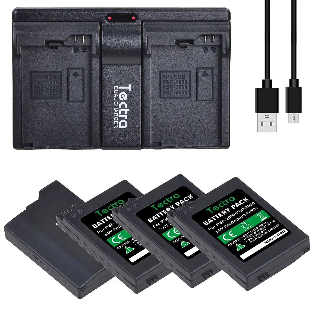 2400Mah Batteria + Caricatore Doppio Usb Per Sony Psp 3000 Psp Slim 2000 Psp-S110 Console, Psp-2001, Psp-3000, Psp-3001, Psp-3002