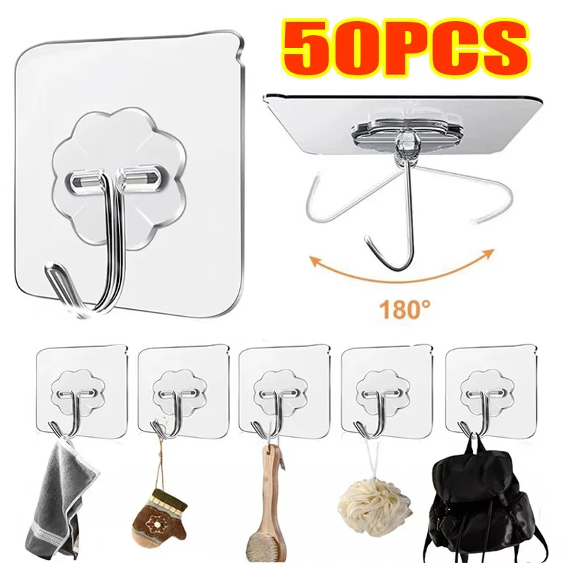 Self Adhesive Wall Hooks Self-adhesive Adhesive wall Hanging hooks Heavy Duty Transparent Seamless Hooks Keys Bathroom Shower Outdoor Kitchen Door Home