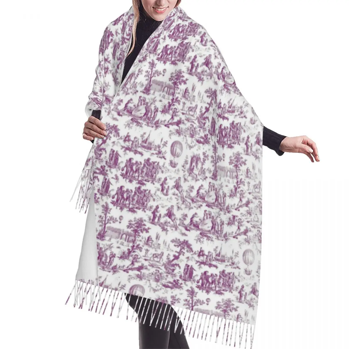 

French Toile De Jouy Ballon De Gonesse Purple Scarf Wrap Women Long Winter Fall Warm Tassel Shawl Traditional France Art Scarves