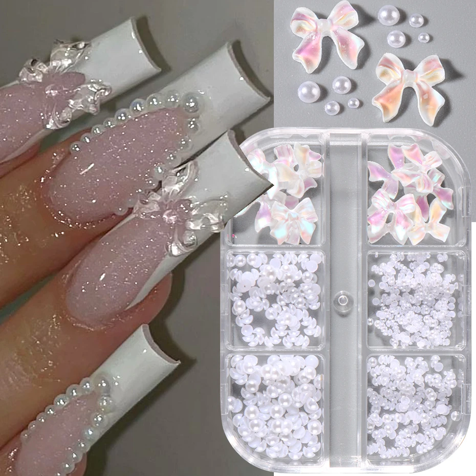 6Grids Ribbon Bow 3D Nail Art Decorations Resin Charms Butterfly Acrylic Flower Pearl Mixed Rhinestones Accessories Manicure