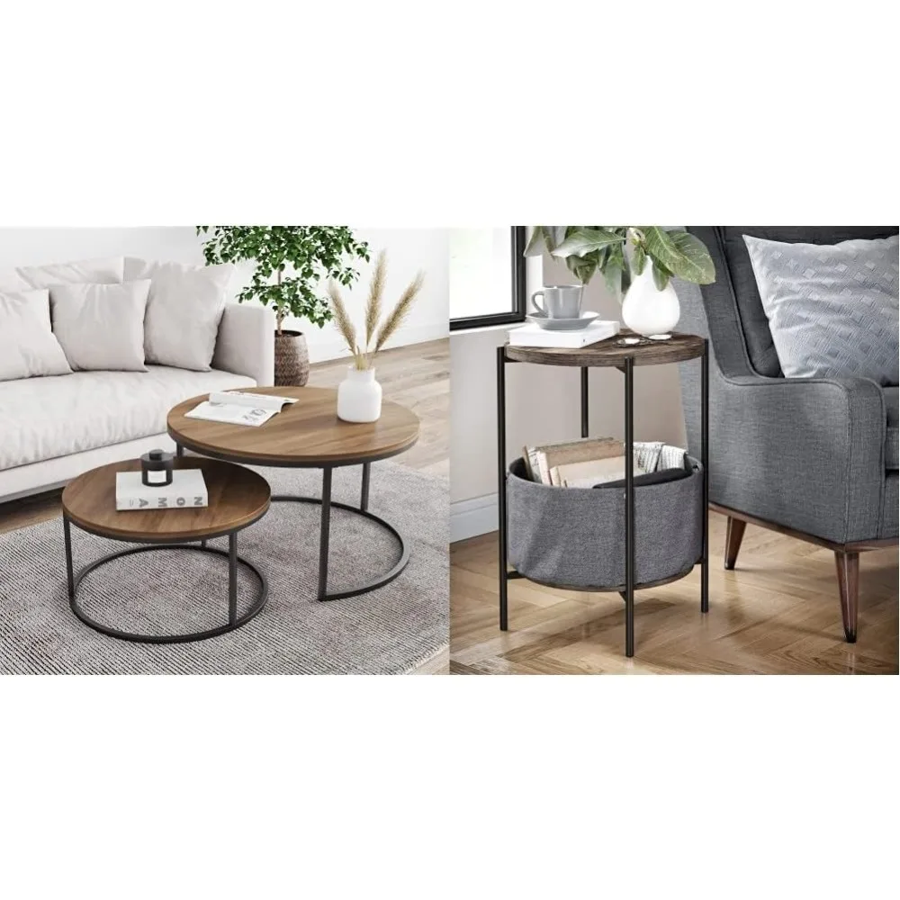 Round modern nested coffee set 2 sets,black and round modern side accent or dining table for living room and bedroom and nursery