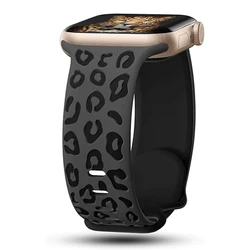 Engraved Leopard Silicone Watch Strap Bracelet for 42-44-45-49mm S10-46 (Coal Black-Black)