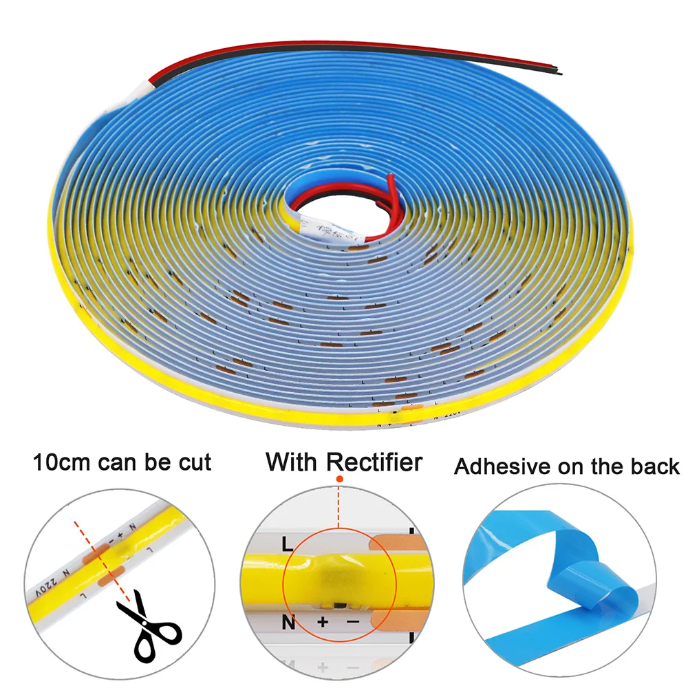 5m 10m 20m 50m COB LED Strip Light 220V Flex Tape Lamp with IC Chip High Bright 240 LEDs Linear Lighting RA90 Warm Natural White 4