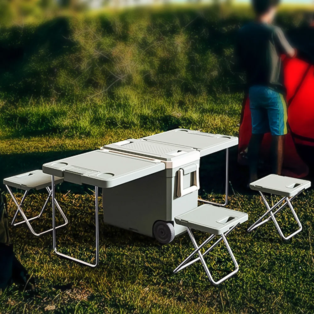 32L Nevera Portatil Foldable Camping Picnic Freezer Refrigerator Wheeled Cooler with Tables and Chairs Cooler Box