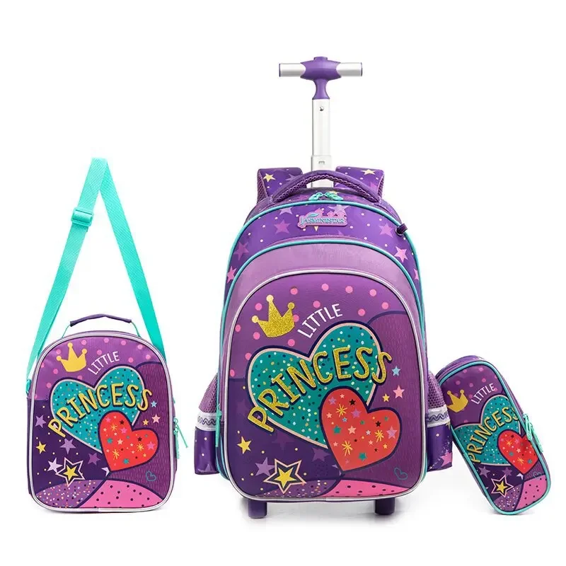 

Children's Wheeled Backpack Girls School Backpack Rolling Luggage Backpack Boys School Trolley Bag Set Lunch Bag and Pencil Case