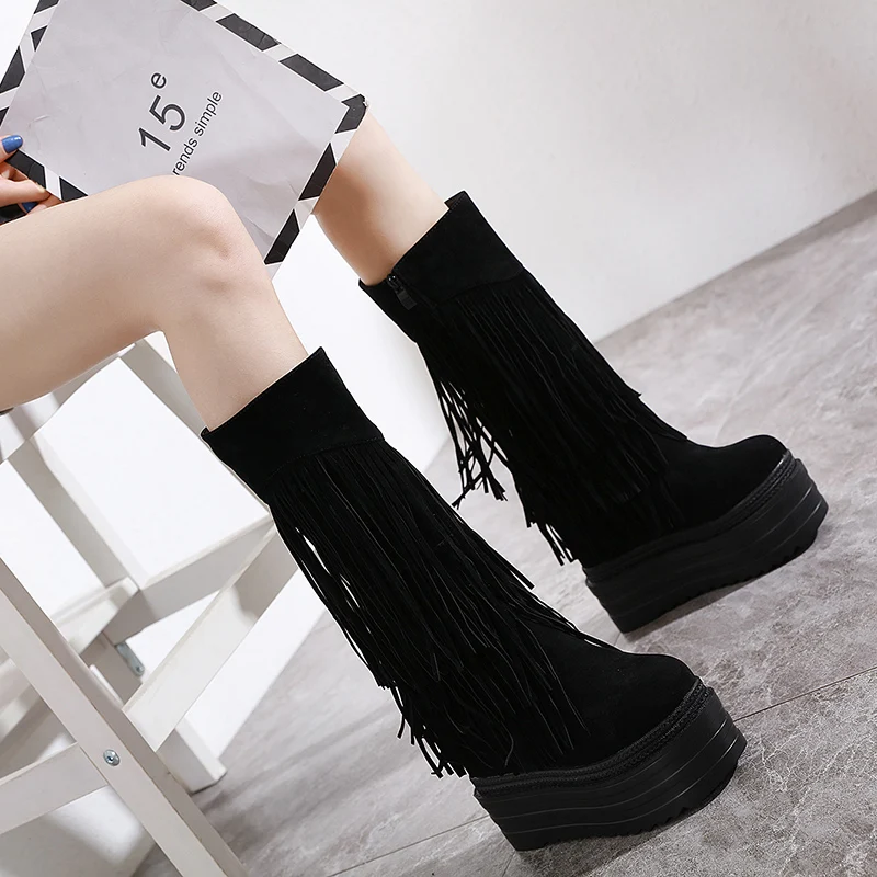 Women's Wedge Platform Boots Women's Boots Fringes Wedge High Heel