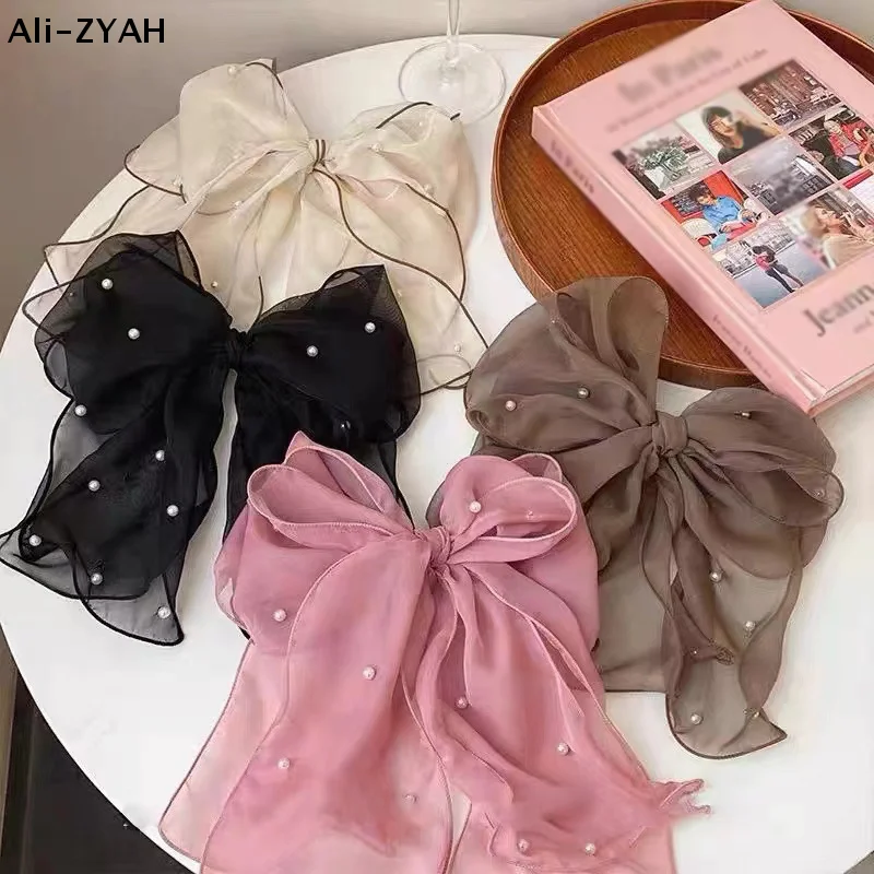 Modische Schleifen-Haarspangen mit Perlen für Damen, elegante Chiffon-Schleifen-Haarspange, Pferdeschwanz-Haarspange, süße Haarschmuck-Accessoires – Detail 2