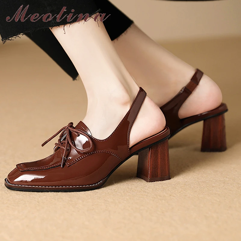 

Meotina Women Genuine Leather Slingbacks Square Toe Pumps Thick High Heel Lace-up Ladies Fashion Shoes Spring Autumn Black