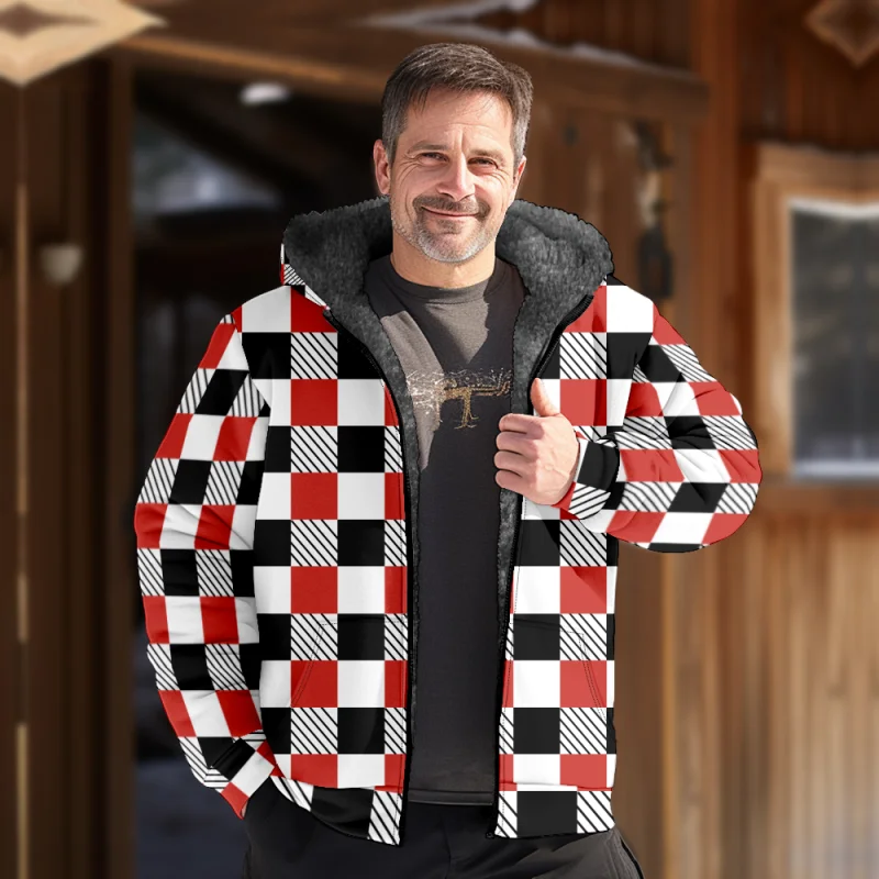 New Colorful Plaid Cotton Coat Hooded Sweater Casual Printed Men's Fur Loop Arctic Velvet Zipper Patch Pocket Hooded Sweater a04