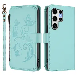 Butterfly Flower Flip Leather Wallet Crossbody Phone Case - Galaxy S23 Ultra (Light Blue)