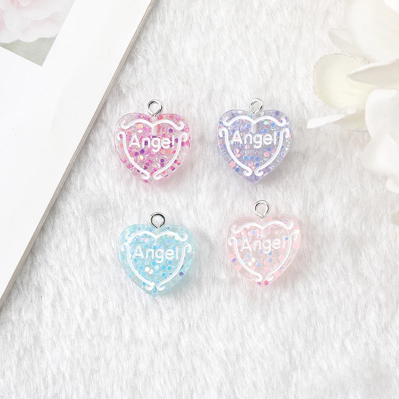 

16 PCS 17*17 mm Cute Flatback Resin Glitter Cabochons Angel Heart Pendant Earrings Necklace Diy Accessories