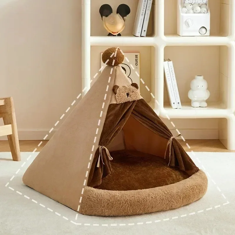 Cat House Bed Cat Nest Puppy Teepee Dog Tent with Cushion for Cats Kitten Small Dogs Puppies Pet Winter Warm Plush Enclosed Bed