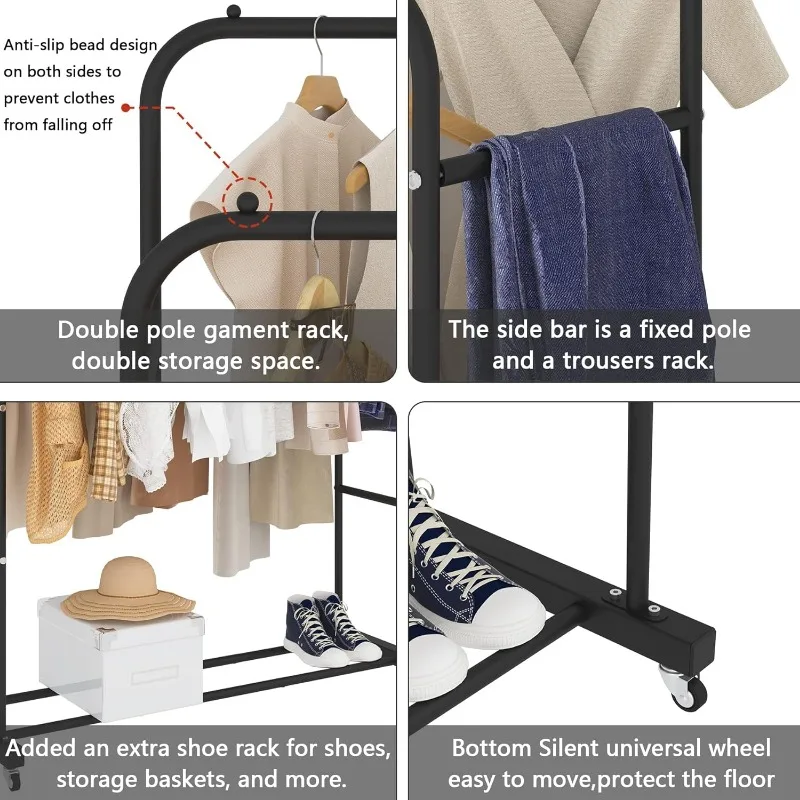 Double Rods Clothing Rack with Wheels, Garment Rack for Hanging Clothes, Multi-functional Bedroom Clothes Rack, Black 6