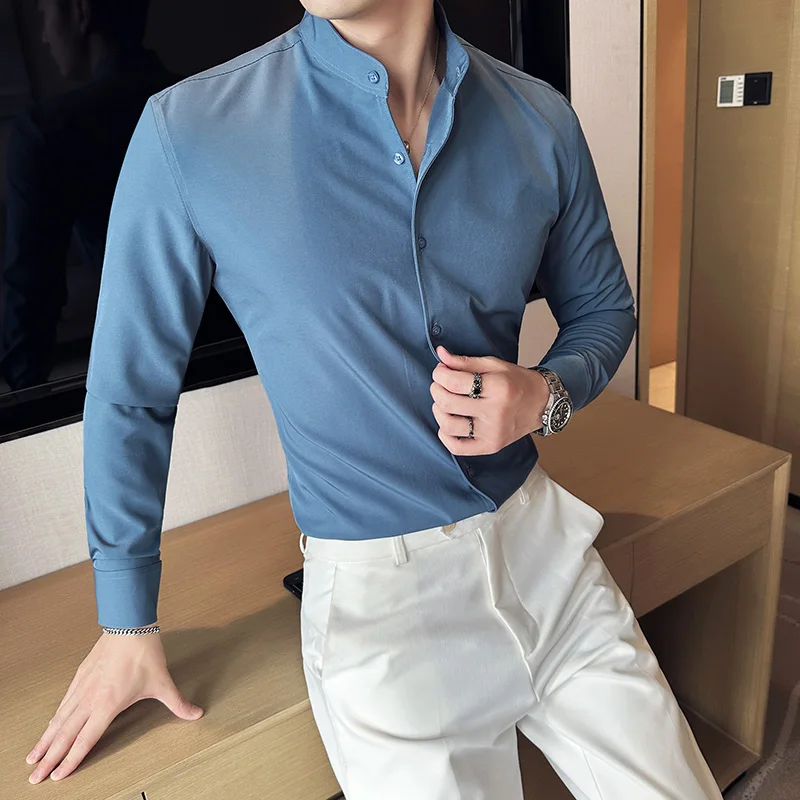 

Chinese Style Stand Collar Men's Shirt High Elastic Long Sleeve Casual Business Dress Shirt Slim Fit Streetwear Men Clothing
