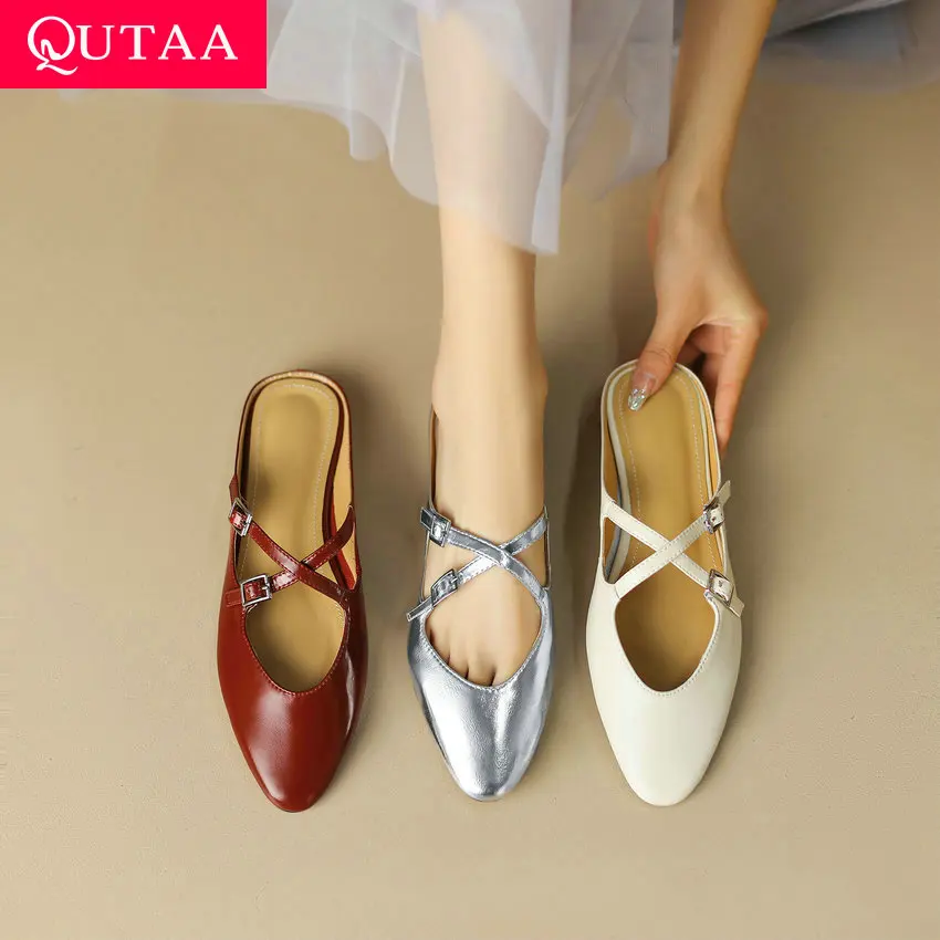 QUTAA 2023 Women Slippers Genuine Leather Flats Fashion Casual Party Shoes Woman Low Heels Sandals Summer Size 34-40