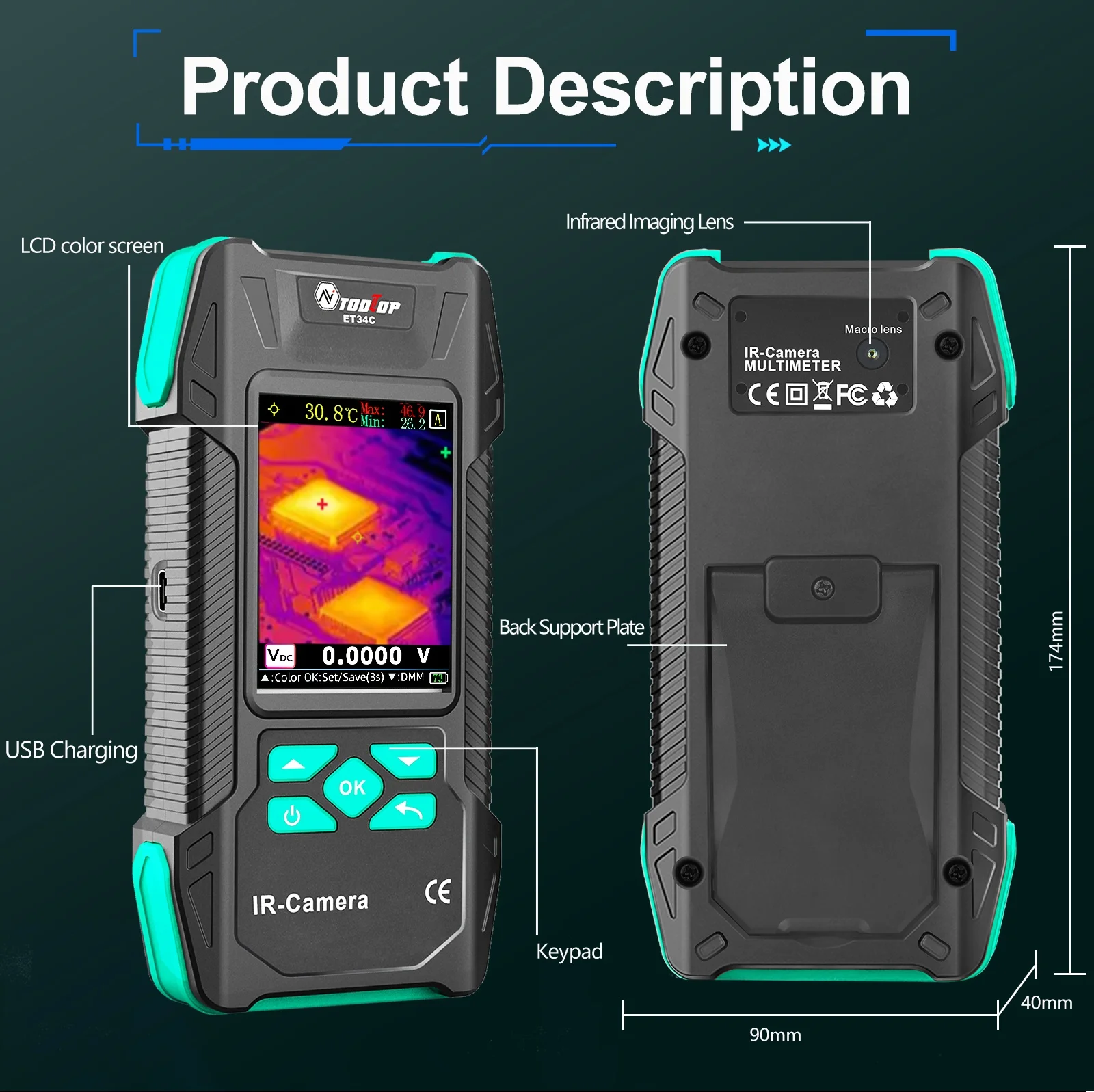 ET34C Infrared Thermal Camera with Macro Lens 3.2 Inch IR Camera -20~550℃ Floor