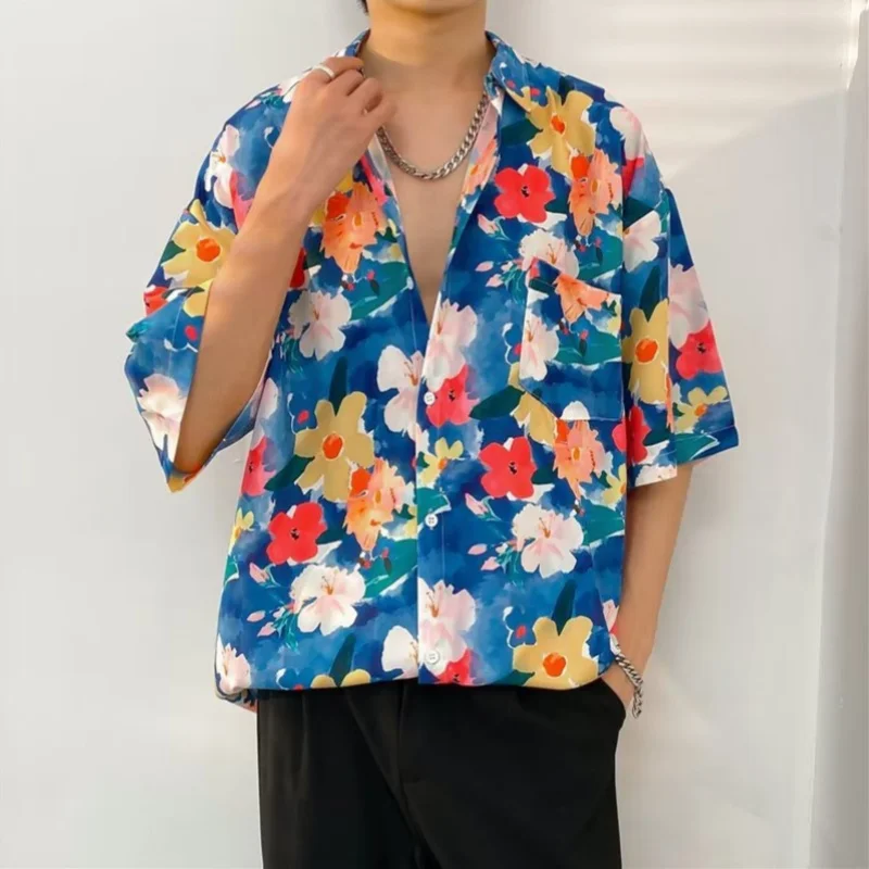 Summer Men's Vintage Short Sleeve Floral Shirt Loose Fitting Versatile Handsome Hawaiian Beach Casual Print Shirt Coat
