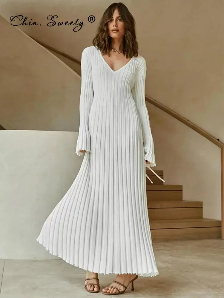Women Knitted Long Dress Autumn Winter 2022 Elegant Pleated A-line Midi Dresses Female V-neck Casual Ladies Ribbed Maxi Robe