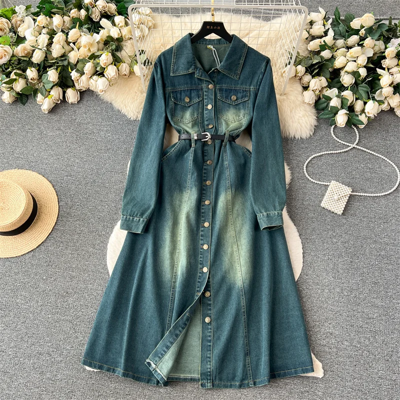 

Spring Autumn Mid-length Vintage Blue Cowboy Dress With Belt Women Turndown Collar Single-breasted Female Denim Dresses Vestidos