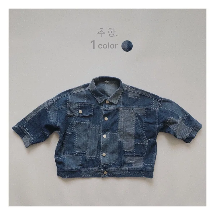 Korean Childrens Boys Denim Jacket Autumn Winter Full Print Retro Plaid Toddler Boys Work Jacket Loose Versatile Kids Coat