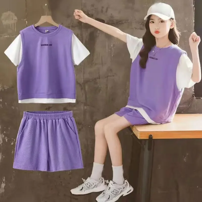 Summer Girl Suit Baby Short Sleeve Top +shorts 2pc Girls Outfits Loose Kids Sportswear Casual Children Clothing Sets