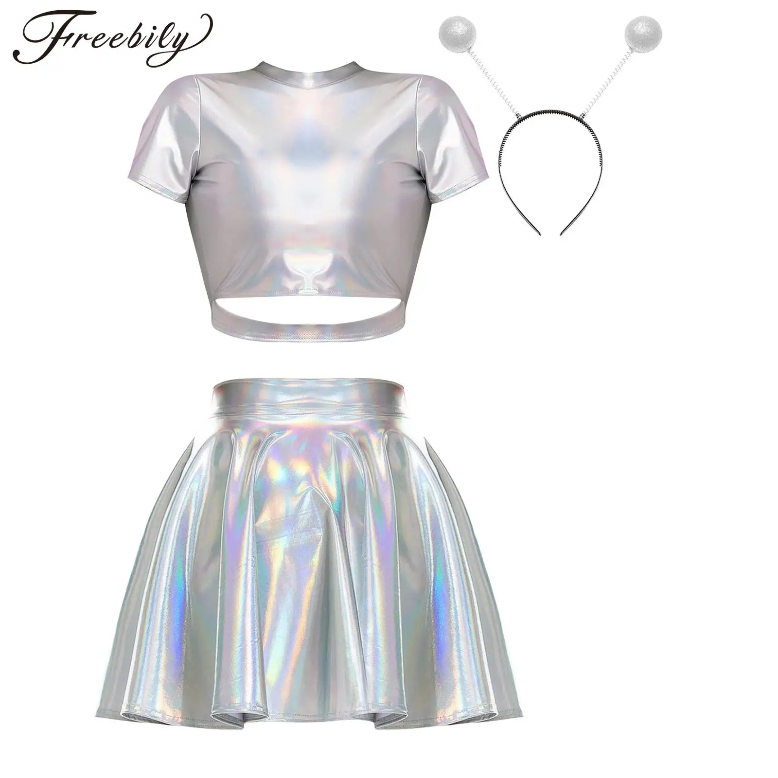 Costume Da Donna Alieno Metallizzato Lucido Crop Top Con Minigonna Olografica E Fascia Martiana Raves Outfit Halloween Cosplay
