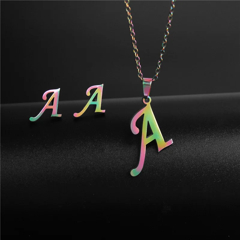 Name Letters Earrings Necklaces For Women Men Stainless Steel Chain Necklace A B C D E F G H I J K L M N O P Q R S T U V W X Y Z