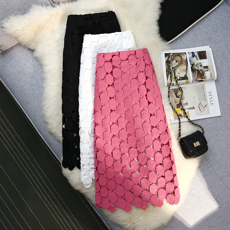 Summer Hollow Out Lace Skirt Women Fashion High Waist Casual Party Midi Skirts Female Faldas New 2024 Designer Korean Style