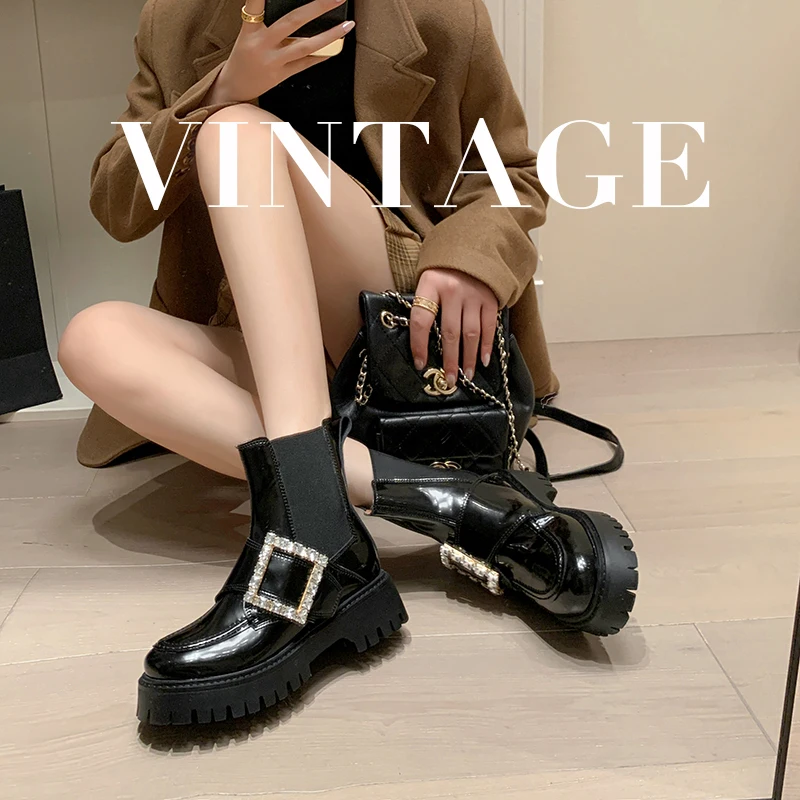 

2023 Autumn winter women ankle boots natural leather 22-25cm Cowhide upper Chelsea boot square buckle thick heel modern Boots