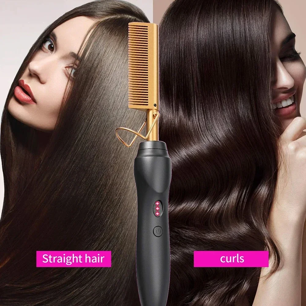 Heat Pressing Combs Portable Ceramic Curling Iron Hot Comb Hair Straightener for Hair Beard Wigs Wet and Dry Hair Styling Tools