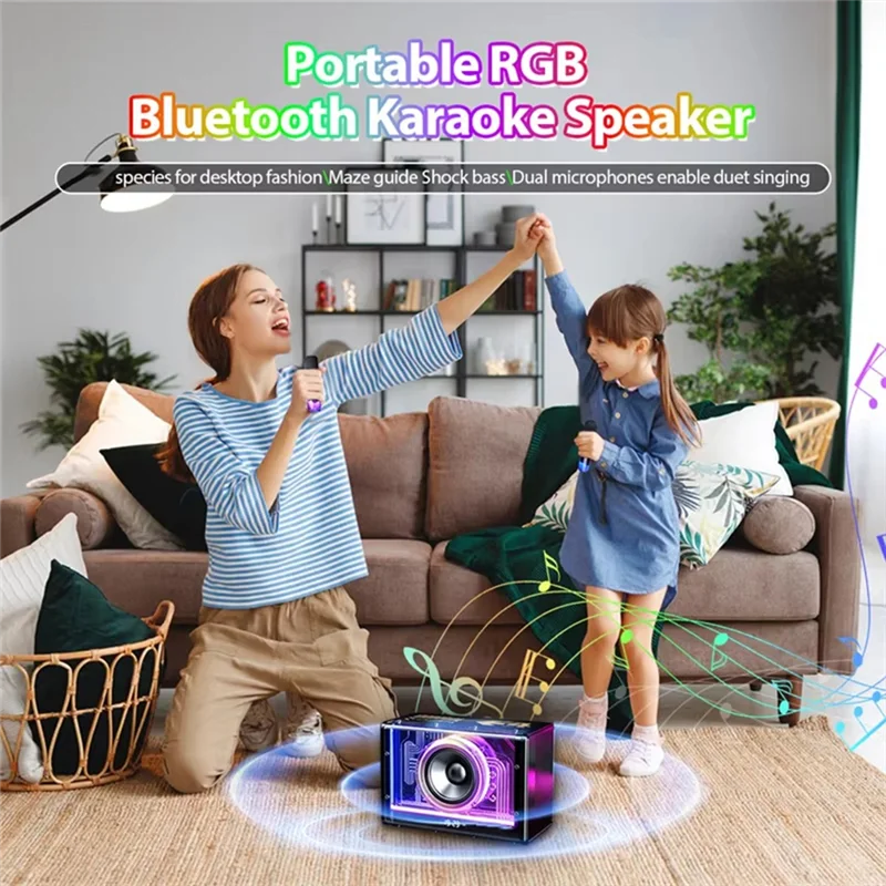 A01V-Speaker Karaoke Machine Two Wireless Microphones Portable Adults Kids LED Lights
