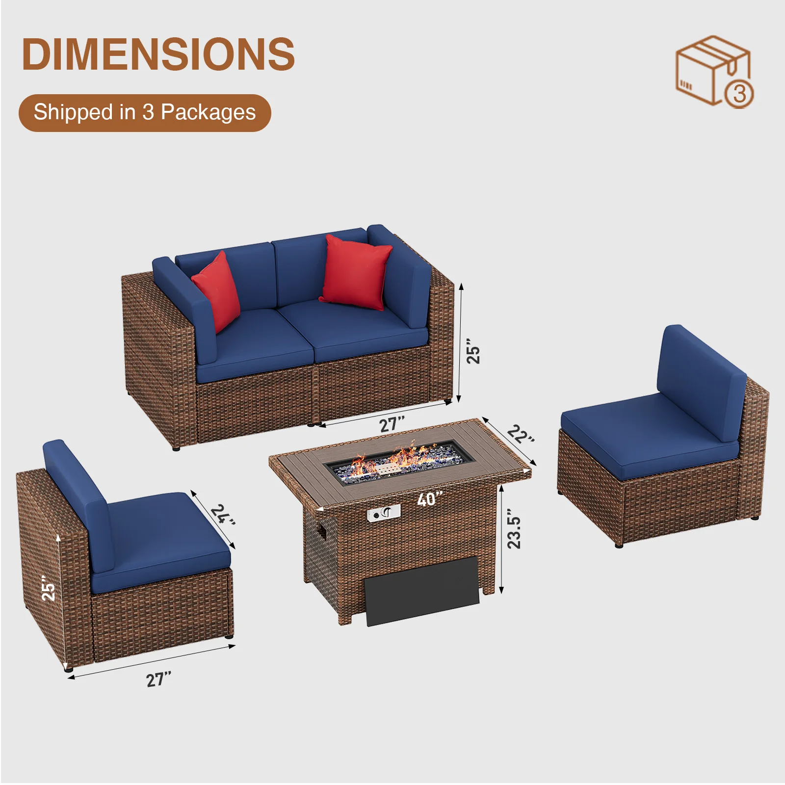 5-Piece Outdoor Patio Furniture Set,Sectional Wicker Rattan Conversation Set with Fire Pit Table-Small physiques- Blue