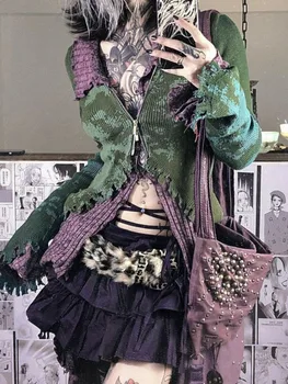 Vintage Street Print Turtleneck Sweaters Mujer Y2k Slim Fit Zipper Knitted Tops Women Spring Aurumn New Long Sleeve Cardigan 1