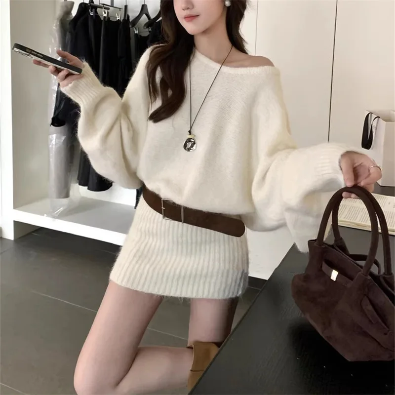 Women Knit Pullover Sweater Bat Sleeve Sexy Long Knitwears Hip Skirt Sweater with Sashes Vintage Autumn Winter Knitted Jumpers