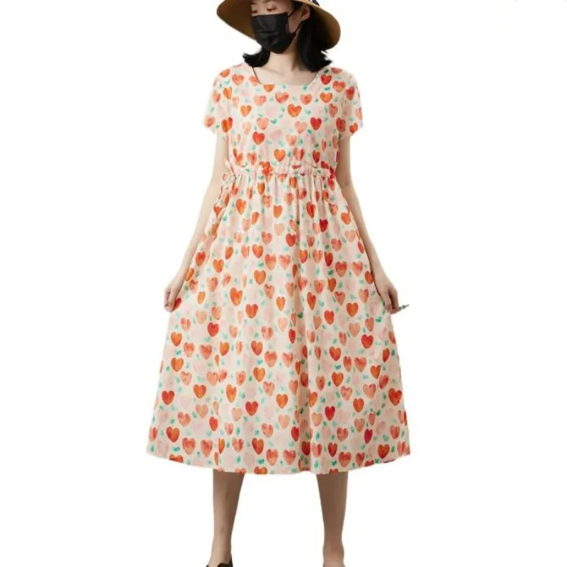 

Chic Heart Print Long maxi Dress Women Fashion Loose Vestidos Vintage Female A-line 100% Cotton Summer Dress Robe 6XL BIG SIZE